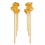 A pair of gold flower-shaped hairpins with long dangling stems, shown on a plain white background.