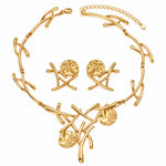 Gold jewelry set with necklace, bracelet, and earrings on a white background