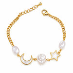 A gold chain bracelet featuring three white baroque pearls and celestial charms, including a crescent moon, a star, and a pearl oval, shown on a plain white background.