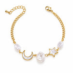 Gold chain bracelet with white pearl-like beads, a crescent moon charm, and a star charm, shown on a white background with size measurements.